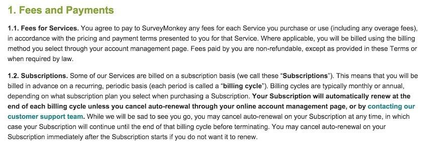 SurveyMonkey Fees and Payments Clause in Terms of Use