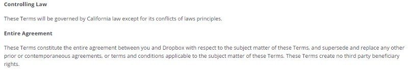 Governing Law clause in Dropbox Terms of Service