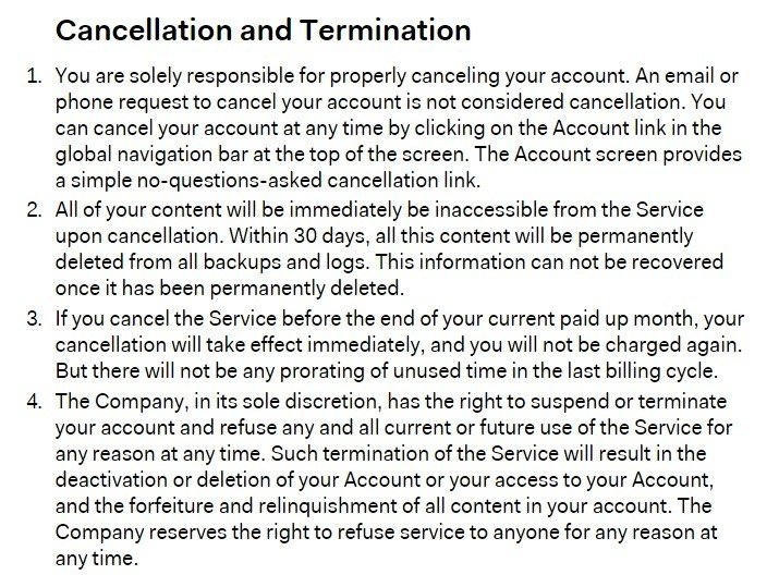 basecamp terms service cancellation termination