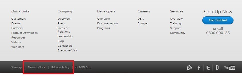 Highlight Legal section of Box website footer