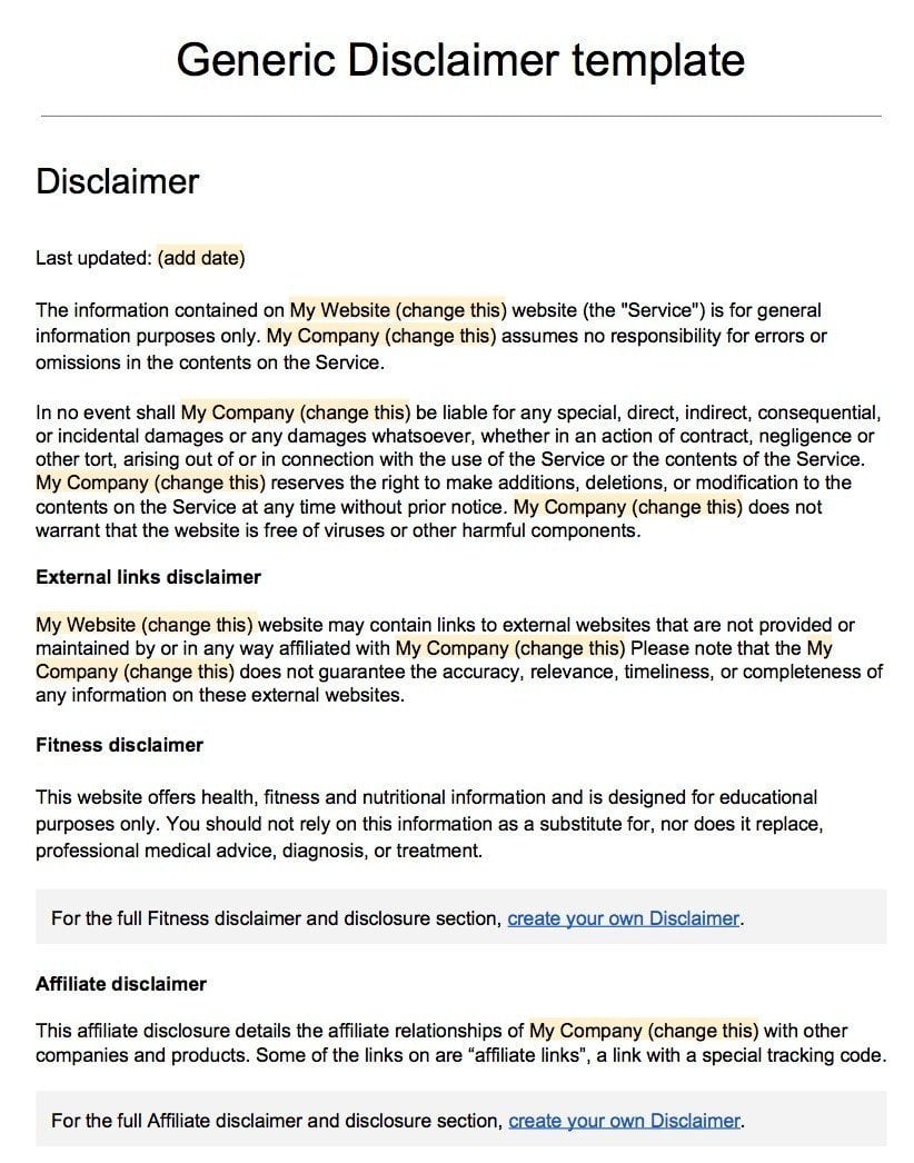 disclaimer example for business plan