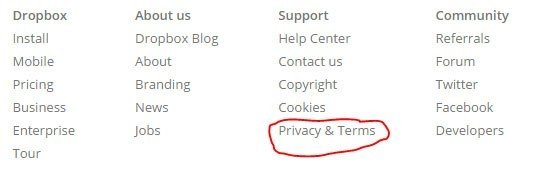 Dropbox: Privacy & Terms in website footer