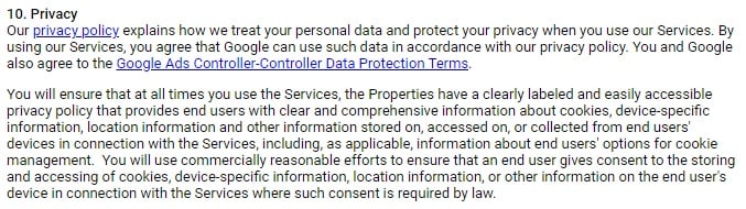 Google AdSense Online Terms of Service: Privacy clause