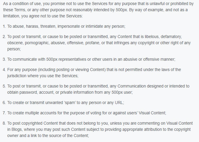 500px Terms of Use: Excerpt of User Conduct clause - Prohibited activities