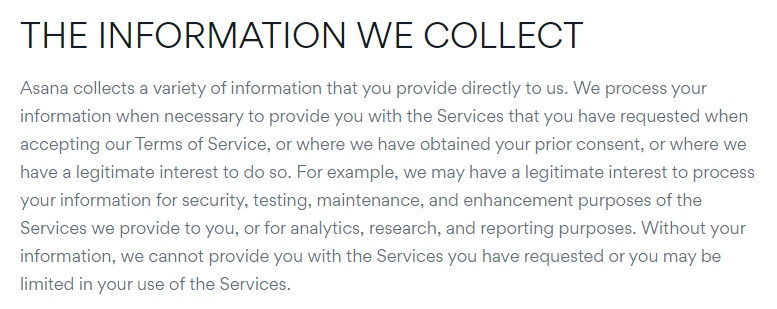 Asana Privacy Policy: Information We Collect section intro