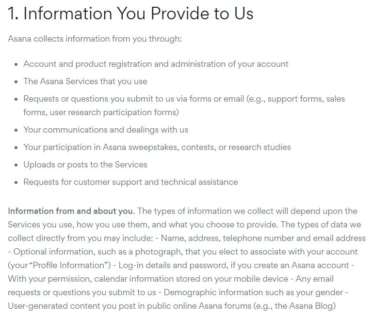 Asana Privacy Policy: Information You Provide to Us - From and About You clause excerpt