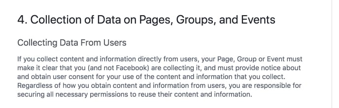 Facebook General Policies on Pages, Groups and Events: Collecting Data from Users clause with Privacy Policy requirement