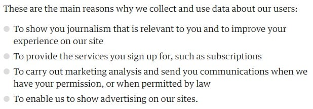 The Guardian Privacy Policy intro clause: Main reasons we collect and use data