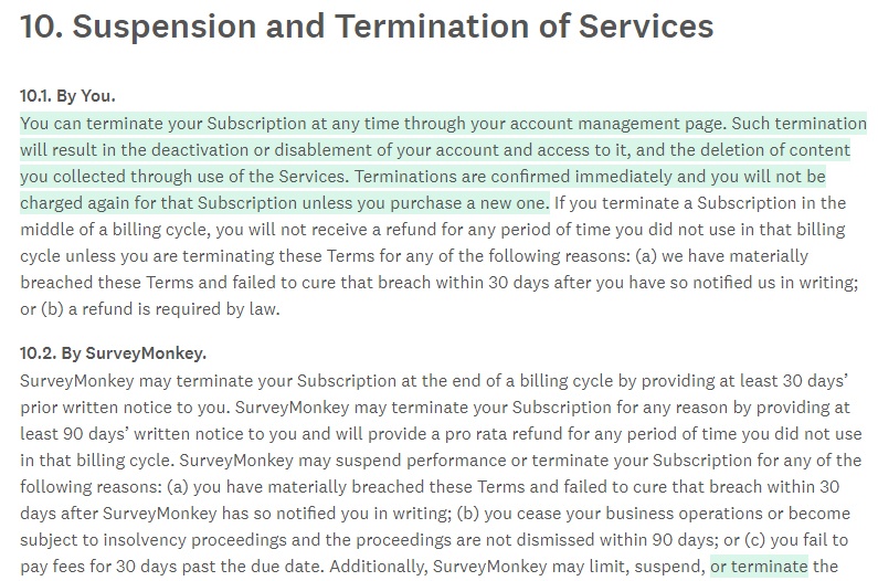 SurveyMonkey Terms of Use: Excerpt of Suspension and Termination of Services clause