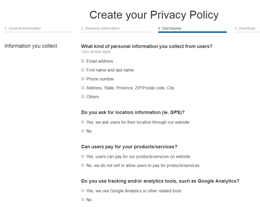 TermsFeed Privacy Policy Generator: Answer questions about business practices  - Step 3 