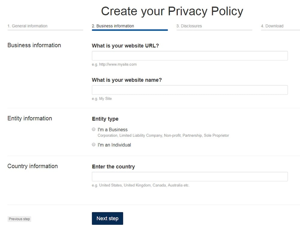 TermsFeed Privacy Policy Generator: Answer questions about website - Step 2 