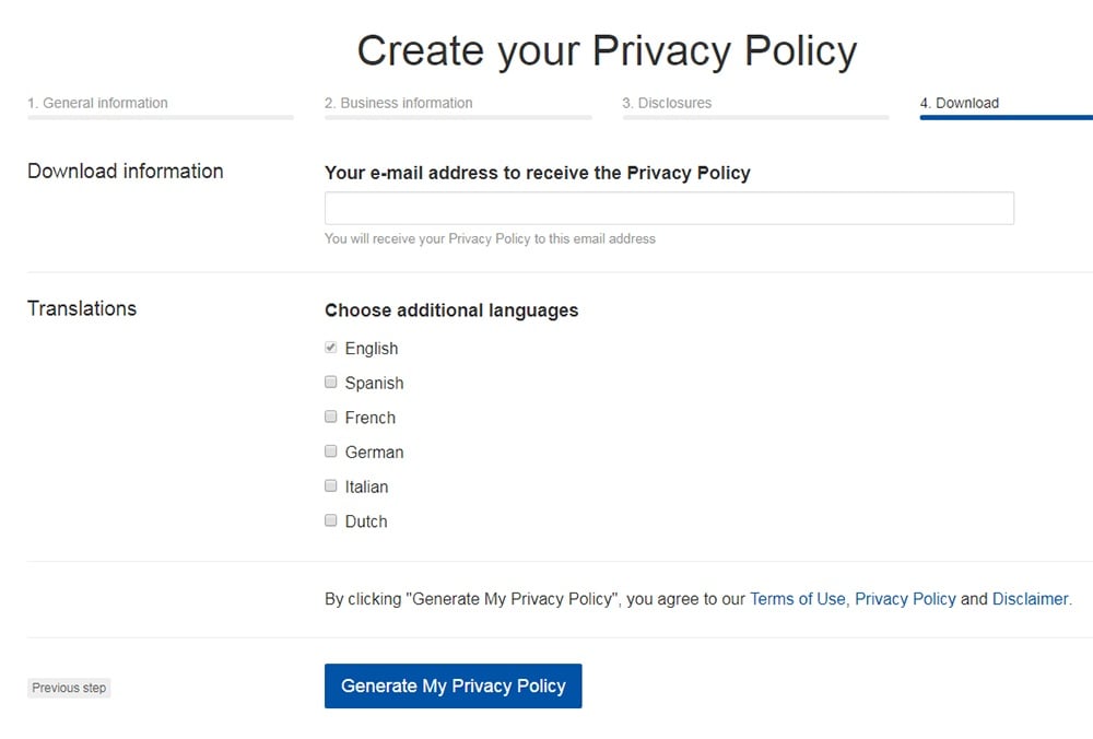 TermsFeed Privacy Policy Generator: Enter your email address - Step 4 