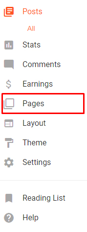 Blogger dashboard menu with Pages highlighted
