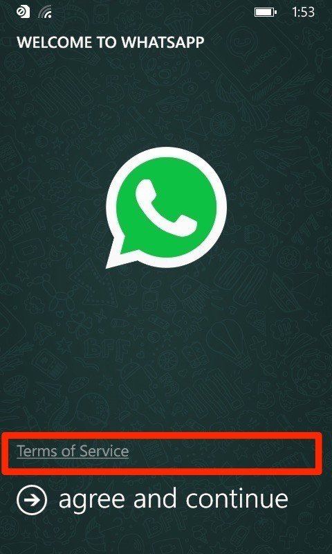 WhatsApp Windows Phone: Agree and Continue screen