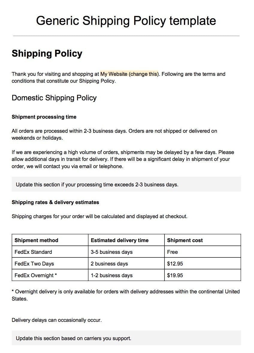 Shipping Policy Template Free Shipping Policy Template Examples Termly