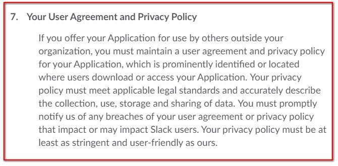 Slack Bots API Terms of Service: Section 7 on Privacy Policy