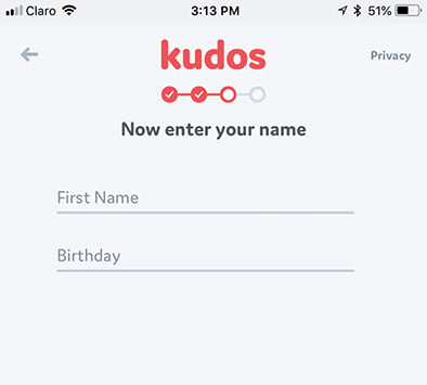 Kudos mobile app: Screenshot of registration step
