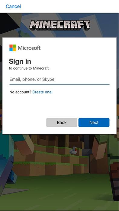 Minecraft mobile sign-in with Microsoft screen