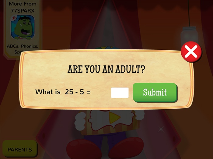 Puzzingo game app: Math screen to verify an adult