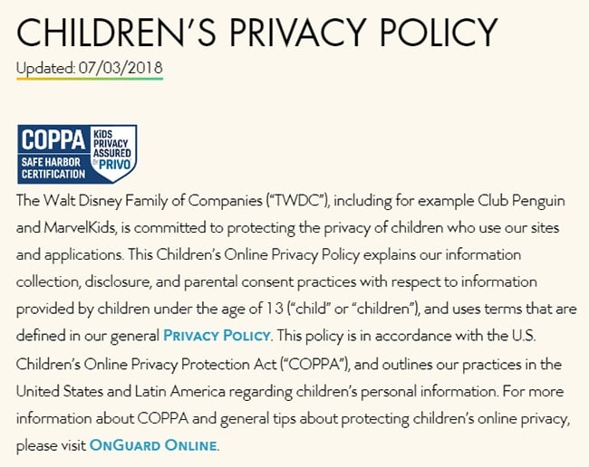 Walt Disney Childrenâ€™s Privacy Policy intro clause
