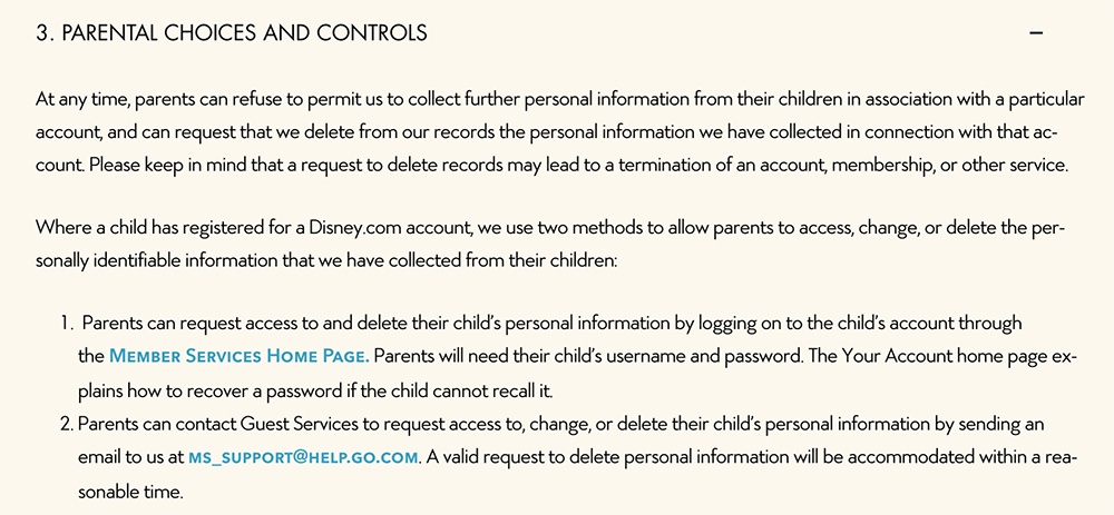 Walt Disney Children&#039;s Privacy Policy: Parental Choices and Controls clause