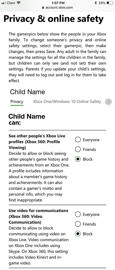 Screenshot of Xbox mobile Child Privacy and Online Safety settings screen