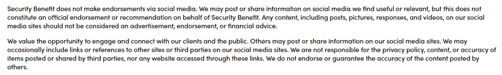 Security Benefit social media disclaimer addressing liability and warrantyy