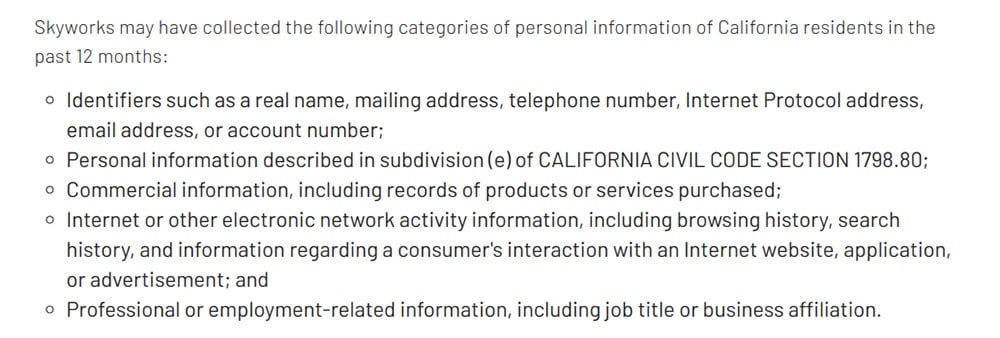 Skyworks Privacy Policy: Categories of personal information collected from California residents clause excerpt