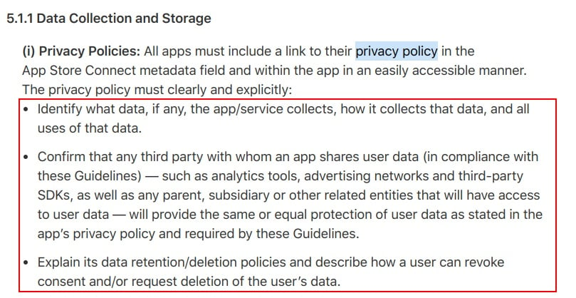 Apple App Store Review Guidelines: Data Collection and Storage clause - Privacy Policy requirements highlighted