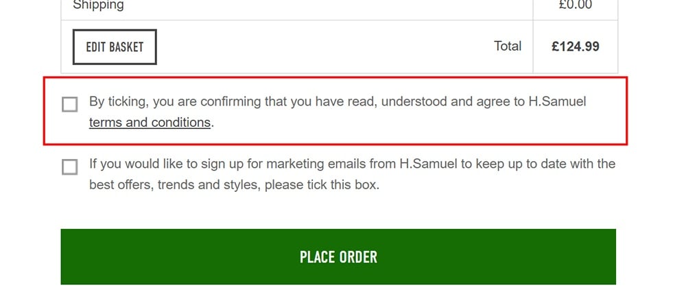 H Samuel checkout form with Agree to Terms and Conditions checkbox