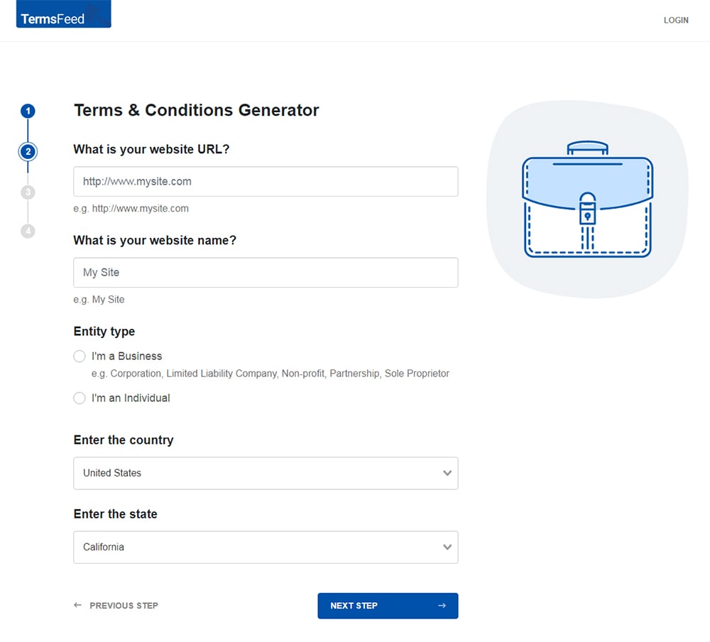 TermsFeed Terms and Conditions Generator: Answer questions about website - Step 2