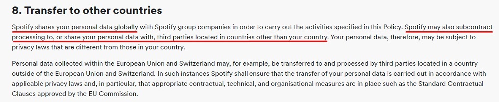 Spotify Privacy Policy: Transfer to other countries clause
