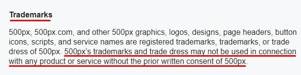 500px Terms of Service: Trademarks clause