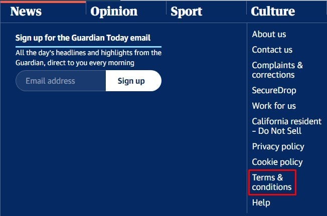 The Guardian website footer with Terms and Conditions link highlighted