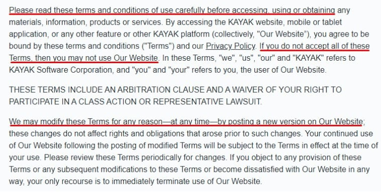 Kayak Terms and Conditions intro paragraph
