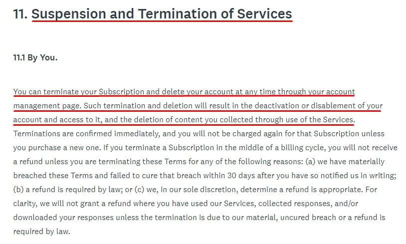 SurveyMonkey Terms of Use: Suspension and Termination of Services clause excerpt