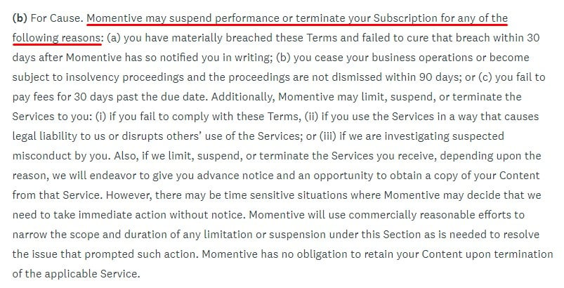 SurveyMonkey Terms of Use: Suspension and Termination of Services clause from company excerpt