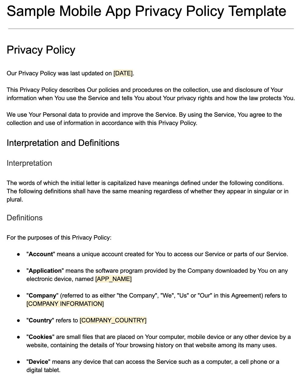 Mobile App Privacy Policy Template