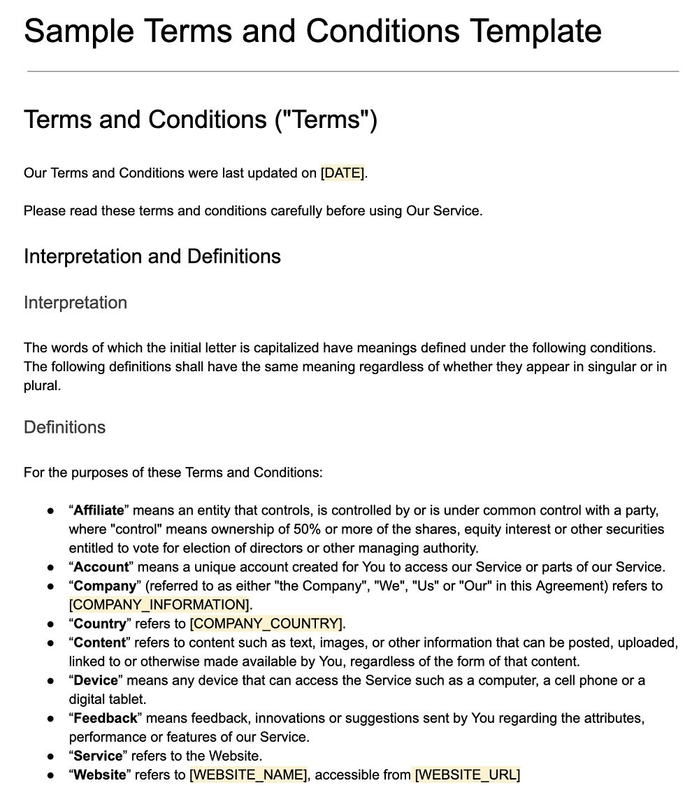 Screenshot of the Sample Terms and Conditions Template