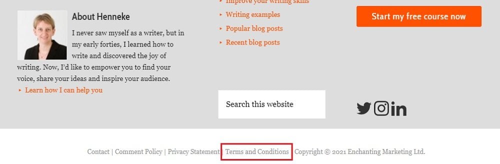 Enchanting Marketing website footer with Terms and Conditions link highlighted
