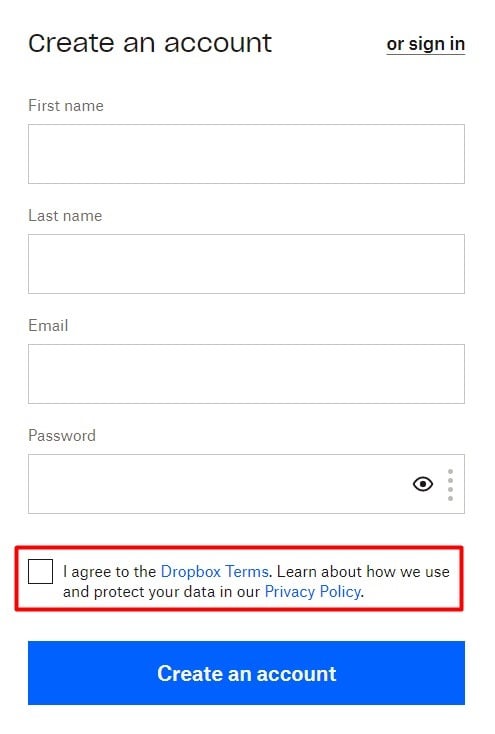 Dropbox Create Account form with I Agree checkbox highlighted - Updated