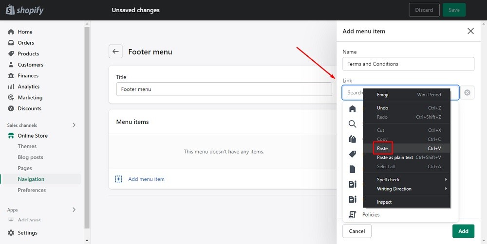 TermsFeed Shopify: Navigation - Footer Menu - Add menu item - Paste Terms and Conditions URL into Link field highlighted