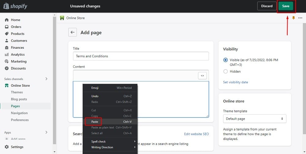 TermsFeed Shopify: Pages - Paste Terms and Conditions HTML code into Content field and click on Save button highlighted