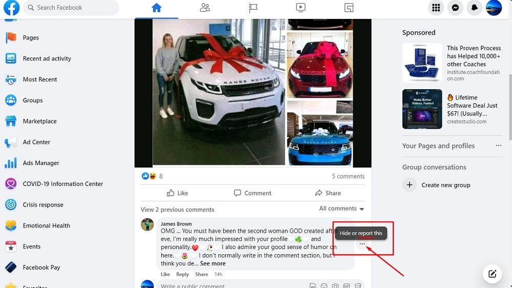 Facebook Comment Example - Comment options selected