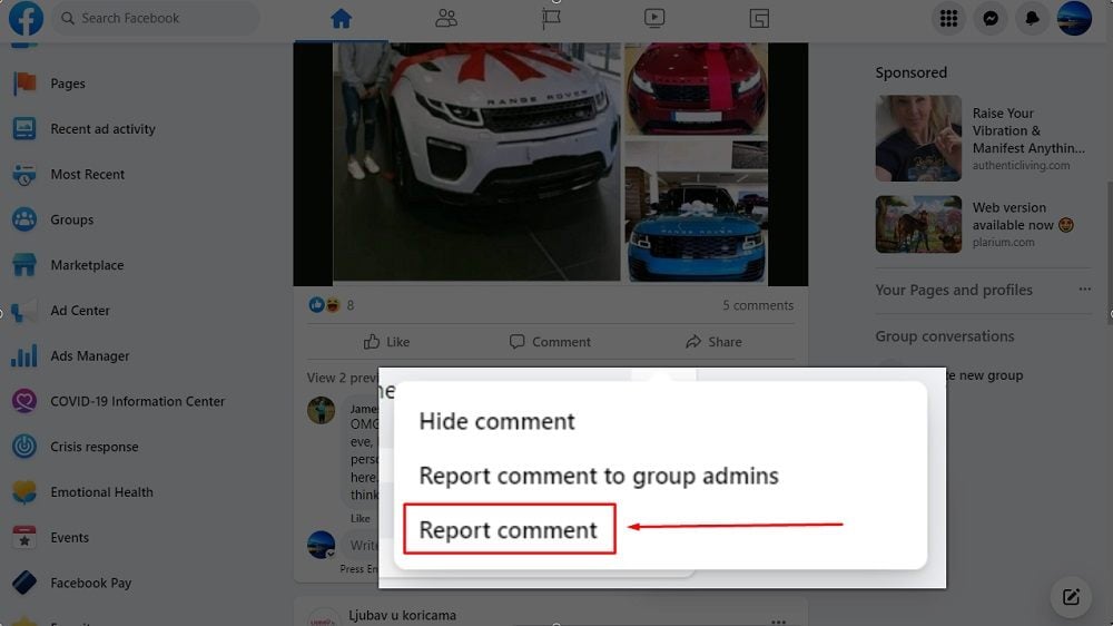 Facebook Comment Example - Report comment option highlighted