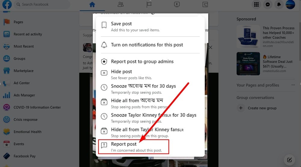 Facebook Post Example - Post options - Report post option highlighted