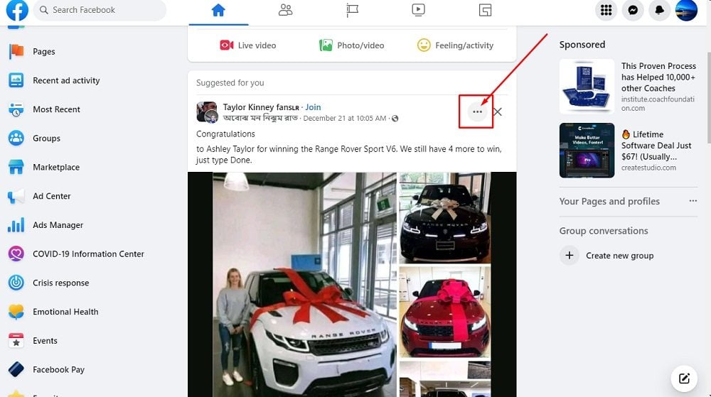 Facebook Post Example - Post options selected