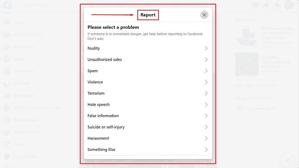 Facebook Post Example - Report post - Report form options highlighted