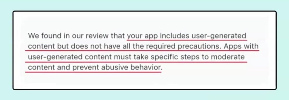 TermsFeed Apple App Store Review rejection note - The app contains UGC and must take steps to moderate content