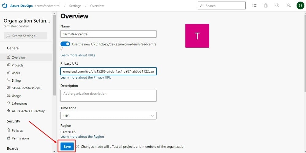 TermsFeed Microsoft Azure: Organization settings - Overview with Privacy URL added highlighted